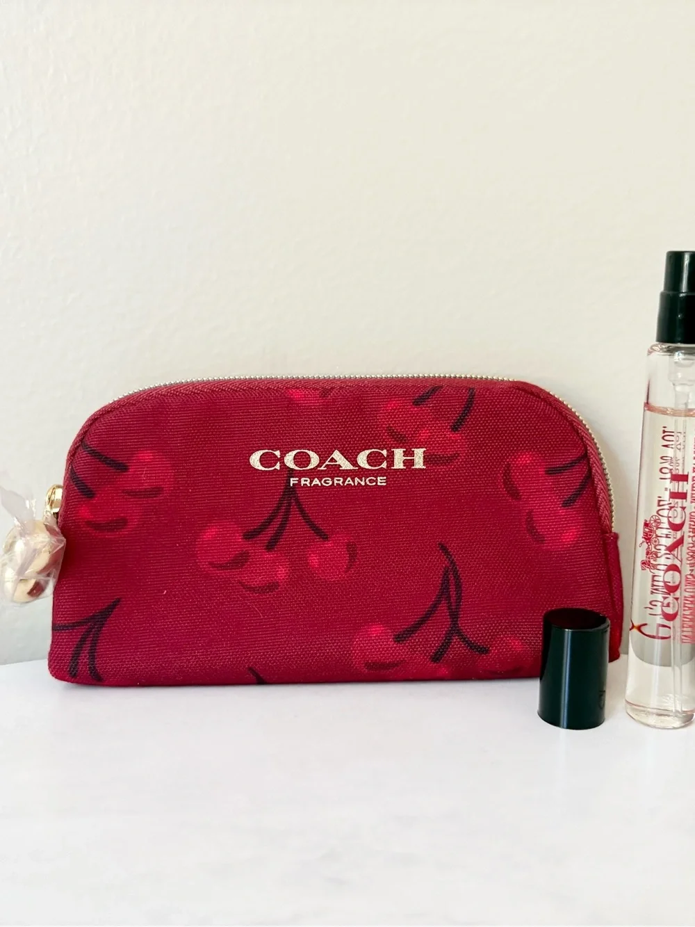 NEW COACH Red Cherry EDP Cosmetic Pouch with Gold Hardware